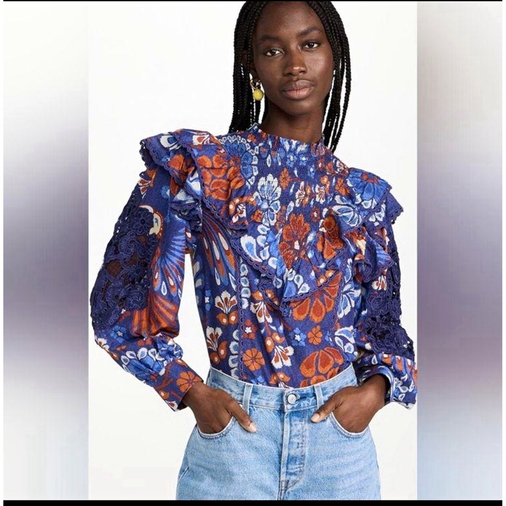 FARM Rio Womens XS Blue Orange Floral Ruffle Lace Long Sleeve Blouse Boho